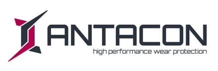 Logo von Antacon mit stilisiertem Symbol in Dunkelgrau und Rot sowie dem Slogan „high performance wear protection".