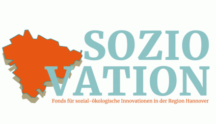Logo "Soziovation" mit orangefarbener Regionskarte Hannover. Untertitel: "Fonds für sozial-ökologische Innovationen in der Region Hannover"