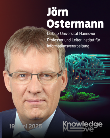 Porträt von Jörn Ostermann, Professor an der Leibniz Universität Hannover, neben einer digitalen Gehirn-Grafik.