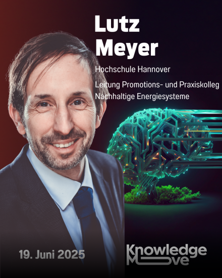 Porträtfoto von Lutz Meyer, Hochschule Hannover, neben einem digitalen Gehirn. KnowledgeMove, 19. Juni 2025.