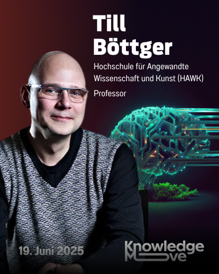 Porträt von Till Böttger, Professor an der HAWK. Daneben ein digitales Gehirn. Text: KnowledgeMove, 19. Juni 2025.