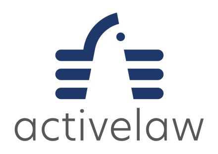 Logo von activelaw: stilisierter dunkelblauer Vogel aus horizontalen Balken, darunter der Schriftzug „activelaw" in Grau.
