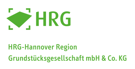 Grünes Logo mit Rautenform und Eckenmarkierungen, Text "HRG Hannover Region Grundstücksgesellschaft mbH & Co. KG"