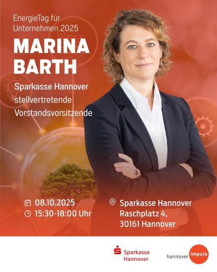 Veranstaltungsplakat: Marina Barth, stellv. Vorstandsvorsitzende Sparkasse Hannover, EnergieTag 08.10.2025, 15:30–18:00 Uhr.