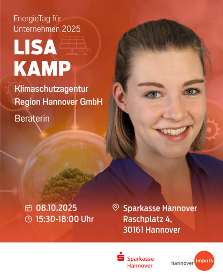 Veranstaltungsflyer: Lisa Kamp, Beraterin Klimaschutzagentur Hannover, EnergieTag 08.10.2025, 15:30–18:00 Uhr, Sparkasse Hannover.