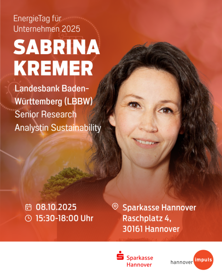 Veranstaltungsflyer: EnergieTag 2025 mit Sabrina Kremer, LBBW, am 08.10.2025, Sparkasse Hannover.