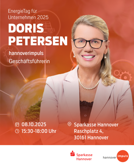 Veranstaltungsflyer: Doris Petersen, hannoverimpuls-Geschäftsführerin, spricht am 08.10.2025 bei Sparkasse Hannover.