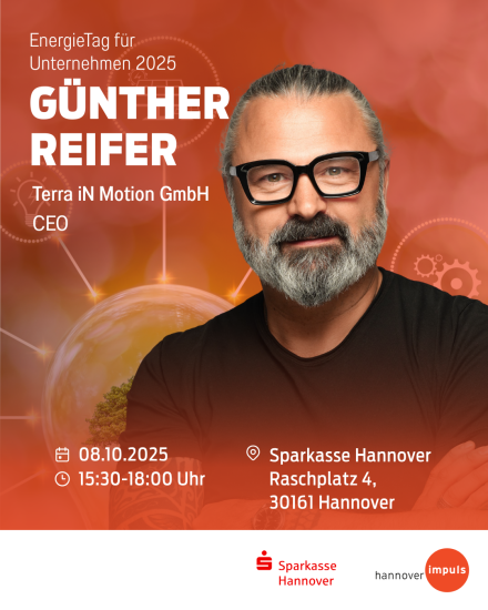 Veranstaltungsflyer: EnergieTag 2025, Günther Reifer, CEO Terra iN Motion GmbH, 08.10.2025, Sparkasse Hannover.