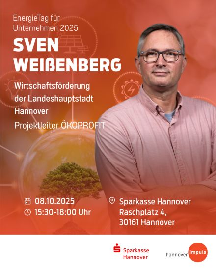 Veranstaltungsflyer: EnergieTag 2025 mit Sven Weißenberg, Projektleiter ÖKOPROFIT, 08.10.2025, Sparkasse Hannover.