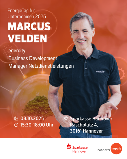 Veranstaltungsflyer: Marcus Velden, enercity, spricht am 08.10.2025, 15:30–18:00 Uhr, Sparkasse Hannover.