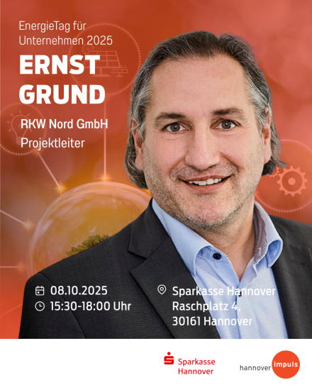 Veranstaltungsflyer: EnergieTag 2025, Ernst Grund, RKW Nord GmbH, 08.10.2025, Sparkasse Hannover.