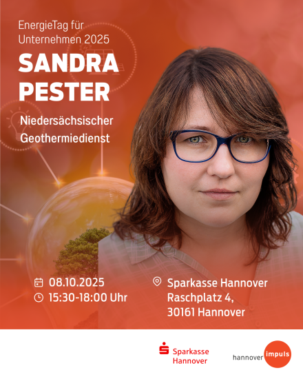 Veranstaltungsflyer: Sandra Pester, Niedersächsischer Geothermiedienst, EnergieTag 08.10.2025, Sparkasse Hannover.