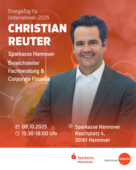 Flyer: EnergieTag 2025, Christian Reuter, Sparkasse Hannover, 08.10.2025, 15:30–18:00 Uhr, Raschplatz 4, Hannover.