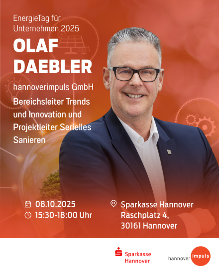 Veranstaltungsflyer: EnergieTag 2025 mit Olaf Daebler, hannoverimpuls GmbH, 08.10.2025, Sparkasse Hannover.