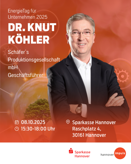 Veranstaltungsflyer: Dr. Knut Köhler, Geschäftsführer, EnergieTag 2025, 08.10., Sparkasse Hannover, 15:30–18 Uhr.