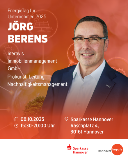Veranstaltungsflyer: Jörg Berens, meravis, spricht beim EnergieTag 2025, 08.10., Sparkasse Hannover.