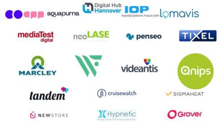 Logos von 18 Unternehmen, darunter aquapurna, neoLASE, Tixel, Marcley, videantis, Qnips, Grover und Hypnetic.
