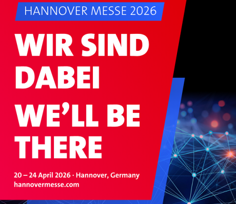 Messebanner: „Hannover Messe 2026 – Wir sind dabei / We'll be there", 20.–24. April, Hannover. Rotes Design mit Netzwerk-Grafik.