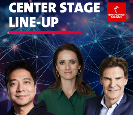 Center Stage Line-Up der Hannover Messe: drei Personen vor blauem Netzwerk-Hintergrund.