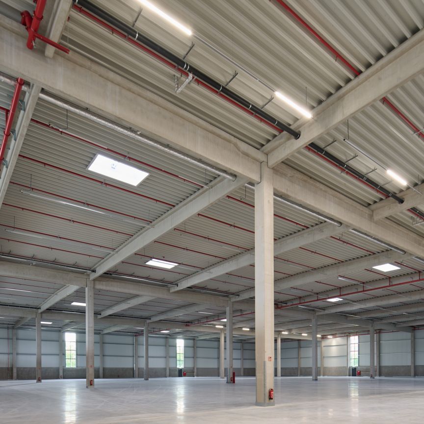 Leere Lagerhalle mit Betonpfeilern, Stahlträgern, roter Sprinkleranlage und Dachfenstern auf poliertem Betonboden.