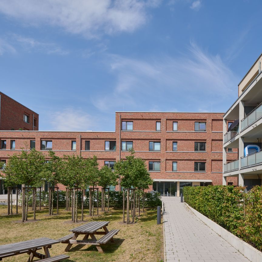 Innenhof mit Picknickbänken, Bäumen und Gehweg zwischen modernen Backsteingebäuden mit Balkonen unter blauem Himmel.