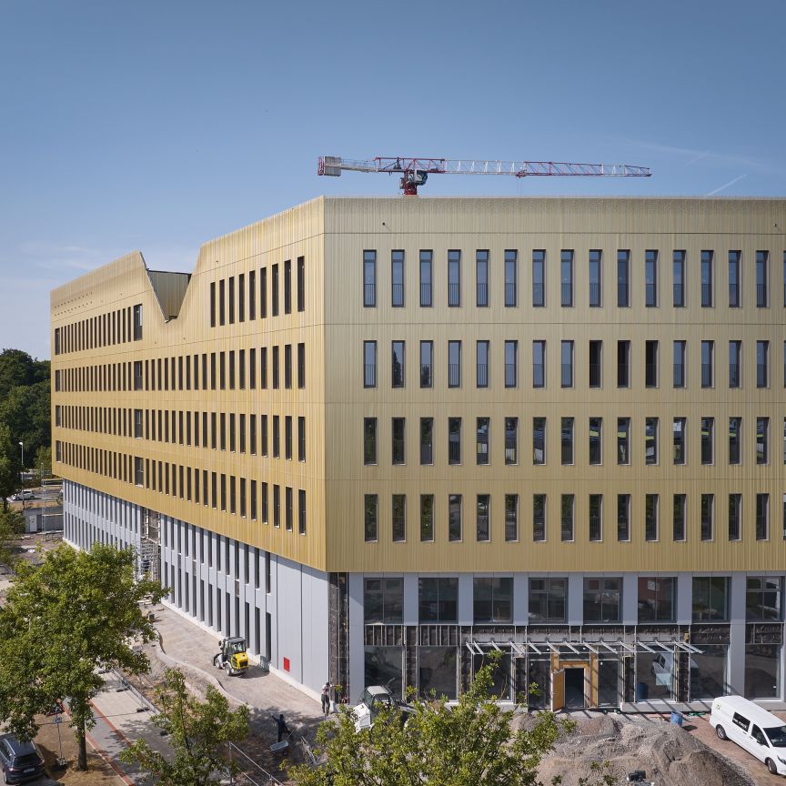 Modernes Bürogebäude mit goldener Fassade im Bau, zwei Kräne auf dem Dach, Baufahrzeuge und Bäume rundherum.