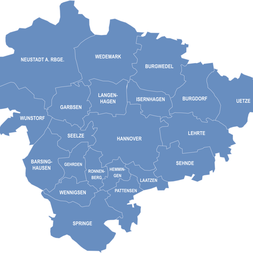 Karte der Region Hannover mit 21 beschrifteten Gemeinden in Blau, darunter Hannover, Garbsen und Springe.