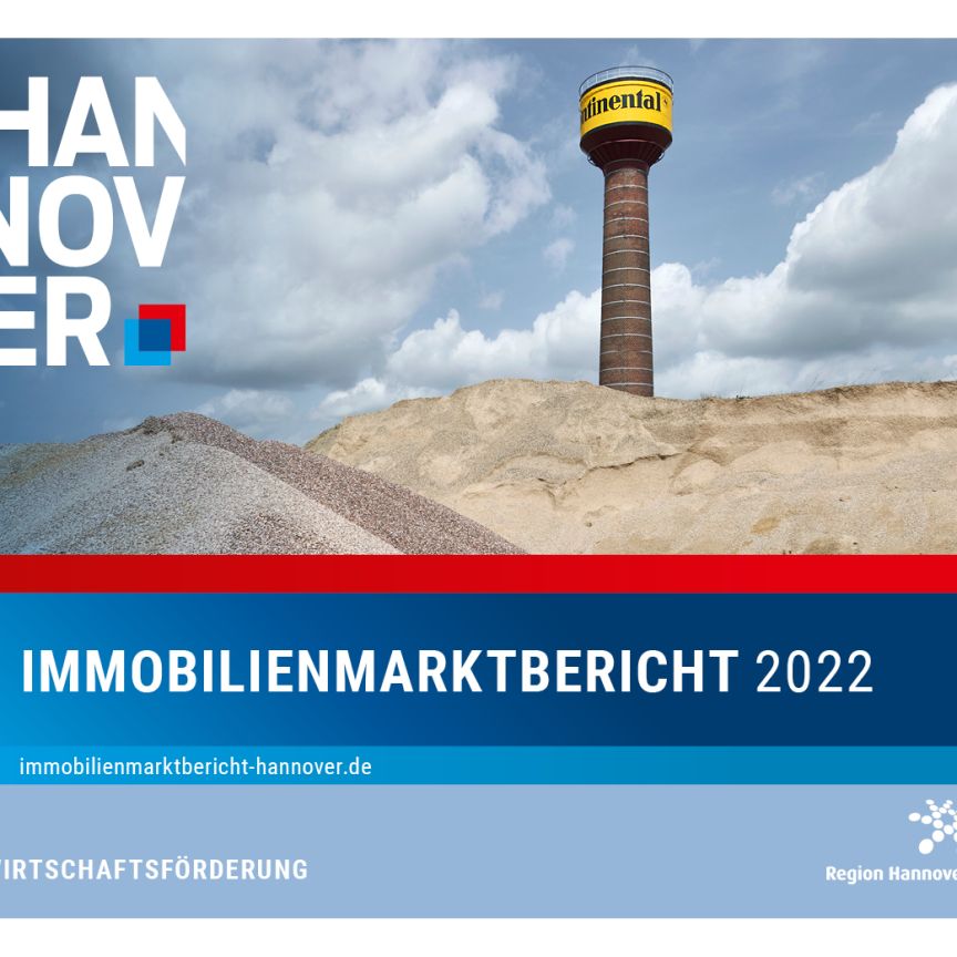 Deckblatt „Immobilienmarktbericht 2022" der Region Hannover mit Foto eines Continental-Wasserturms über Sandhalden.