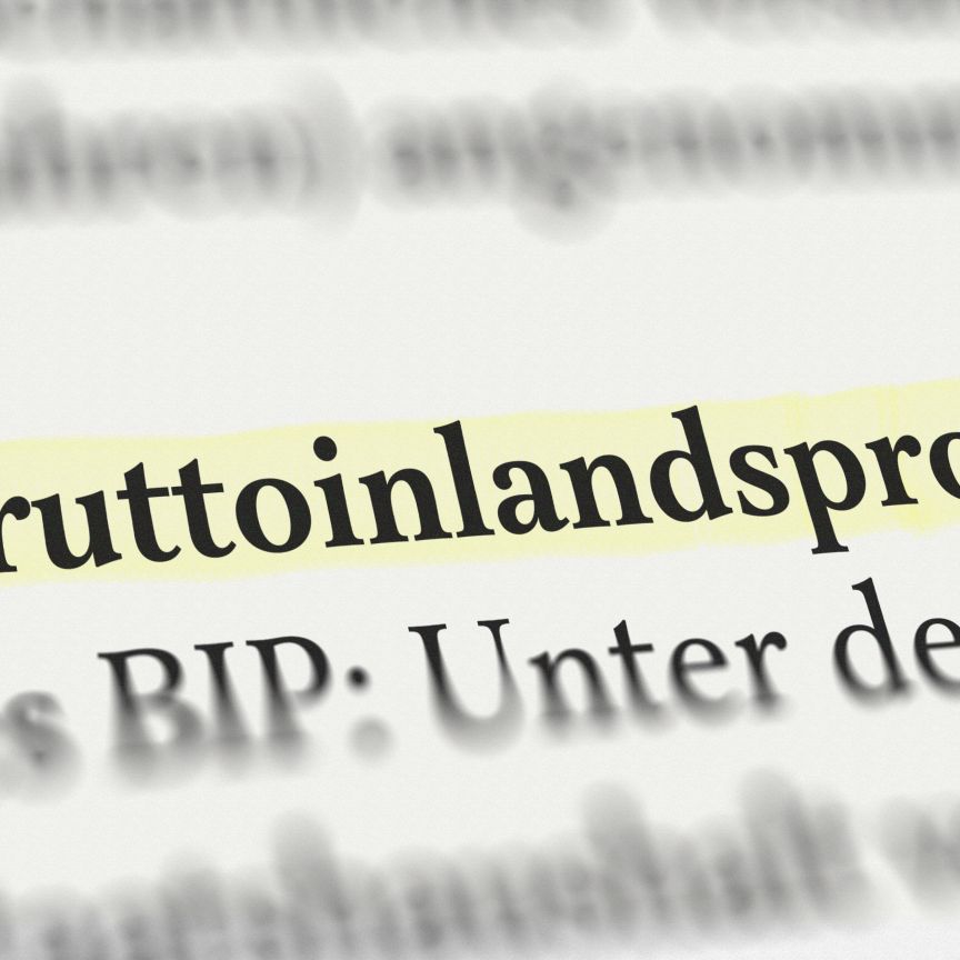 Aufgeschlagenes Buch mit gelbem Textmarker auf dem deutschen Wort „Bruttoinlandsprodukt" und dem Kürzel BIP.