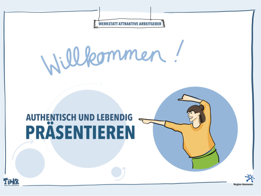 Willkommen! Authentisch und Lebendig präsentieren und eine Frau, die auf den Text zeigt.