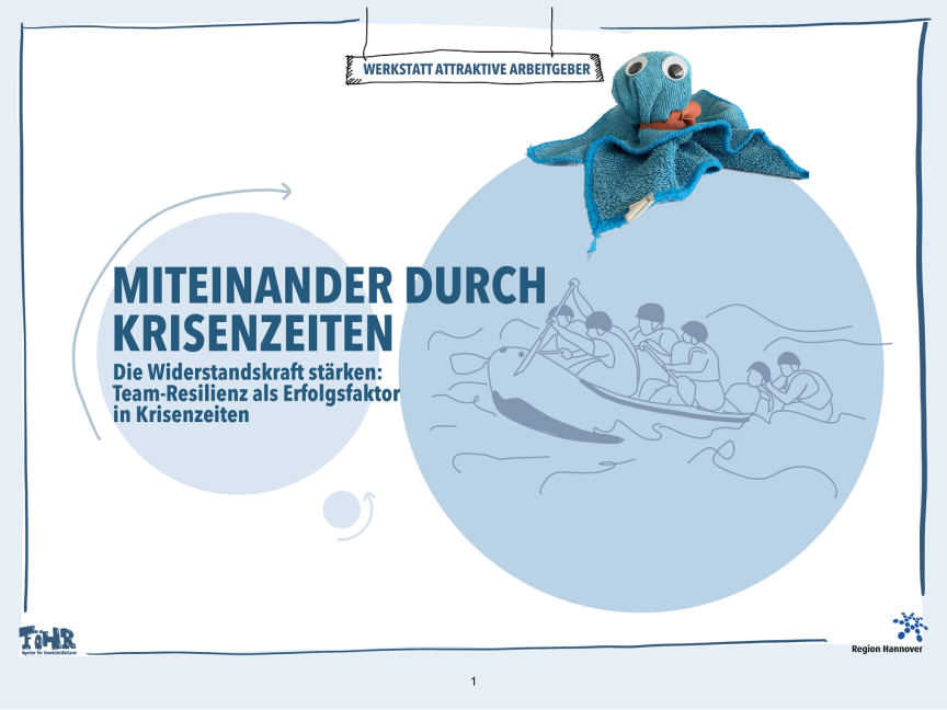 Miteinander durch Krisenzeiten - ein Boot mit mehreren Personen, die über eine stürmische See paddeln.