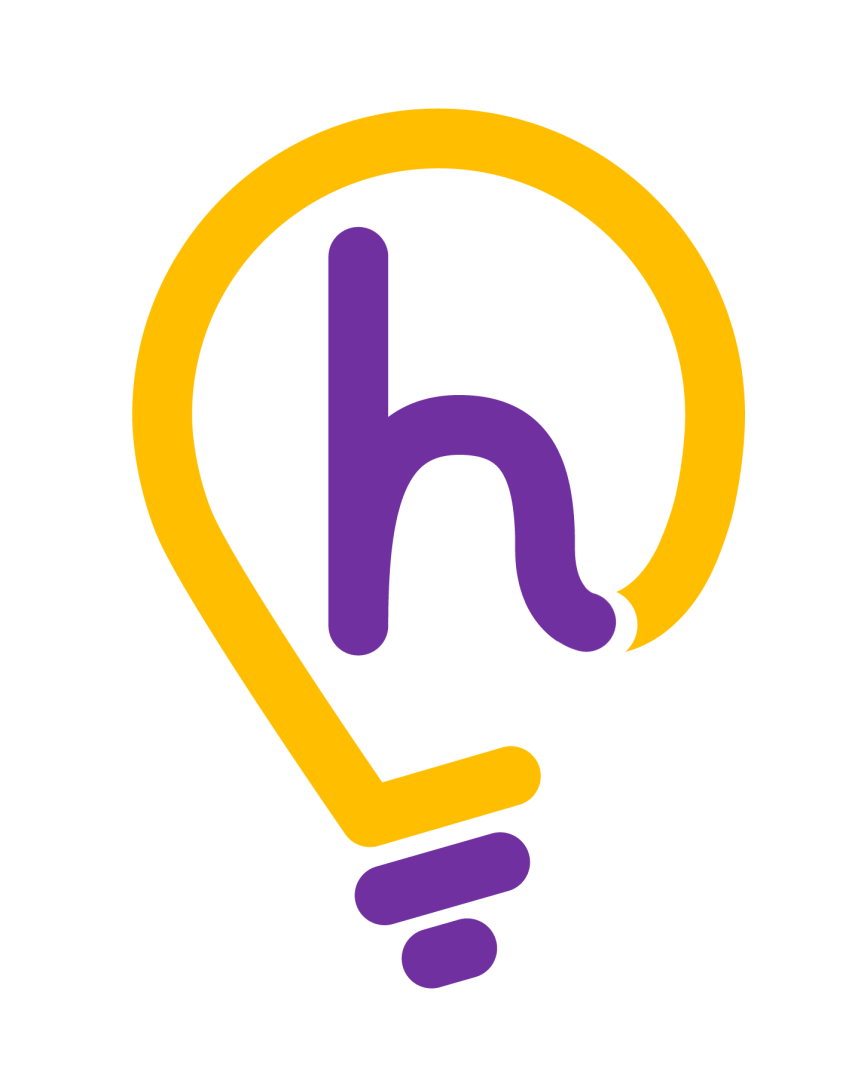 Goldgelbes Glühbirnen-Logo mit lila Buchstabe „h" im Inneren und lila Streifen am unteren Sockel.