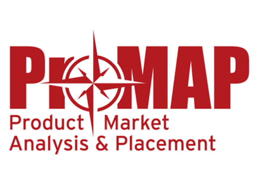 Rotes Logo „ProMAP – Product Market Analysis & Placement" mit stilisiertem Kompass im Zentrum.