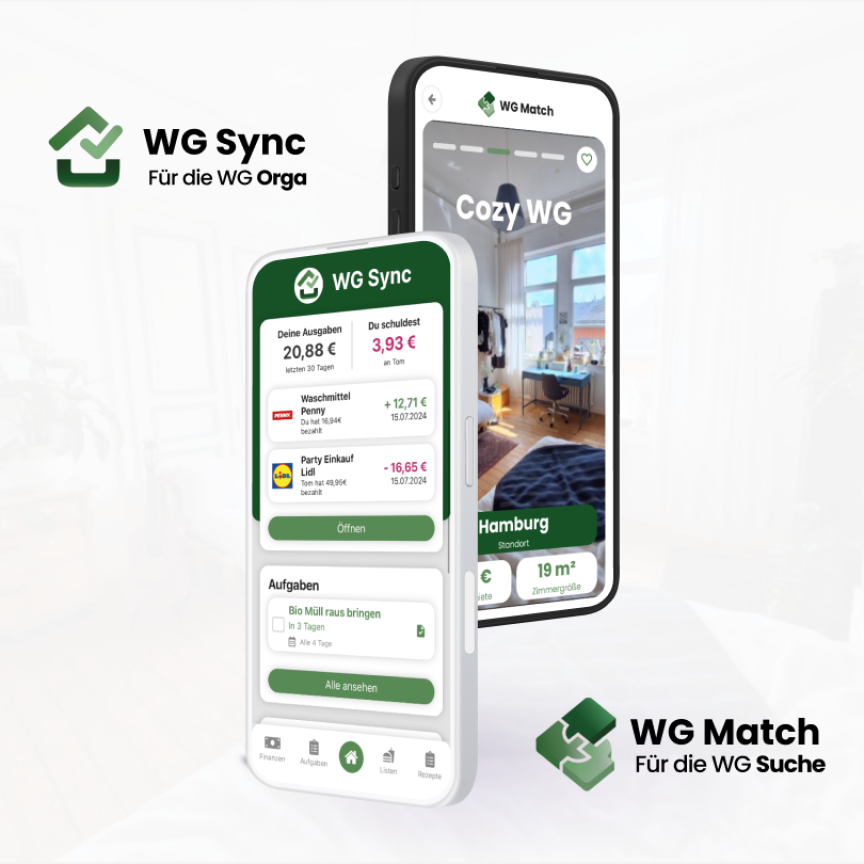 Zwei Smartphone-Mockups zeigen Apps: „WG Sync" für Ausgaben/Aufgaben und „WG Match" für Wohnungssuche in Hamburg.