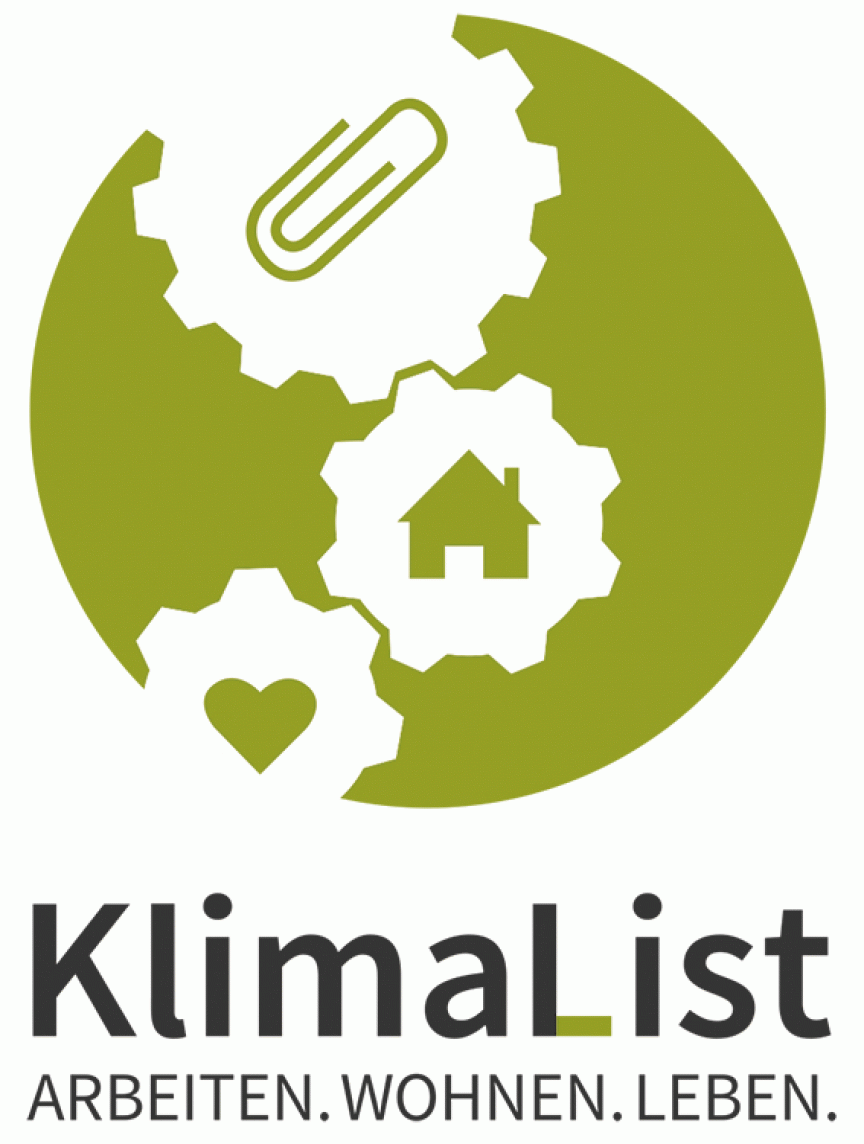 Logo KlimaList: grüner Kreis mit Zahnrädern, Büroklammer, Haus und Herz. Untertitel: ARBEITEN. WOHNEN. LEBEN.
