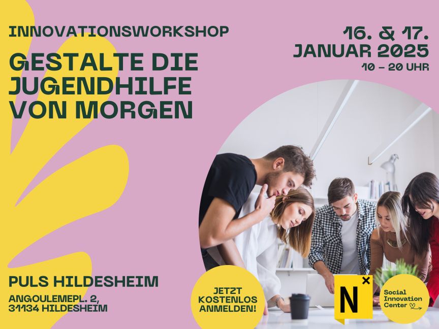 Flyer: Innovationsworkshop „Gestalte die Jugendhilfe von Morgen", 16.–17. Januar 2025, PULS Hildesheim.
