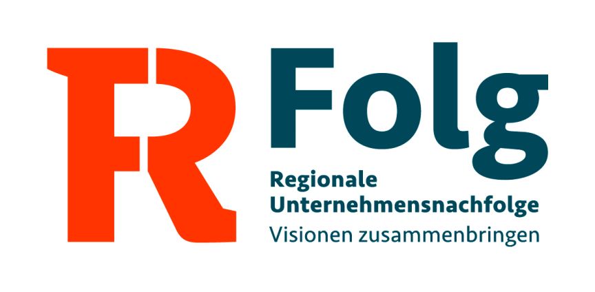 Logo „R Folg – Regionale Unternehmensnachfolge, Visionen zusammenbringen" mit rotem R und dunkelblauem Schriftzug.
