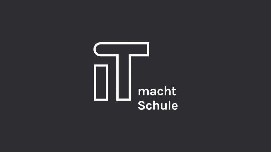 Logo "IT macht Schule": Stilisierte Buchstaben I und T in Weiß auf dunkelgrauem Hintergrund mit Schriftzug.