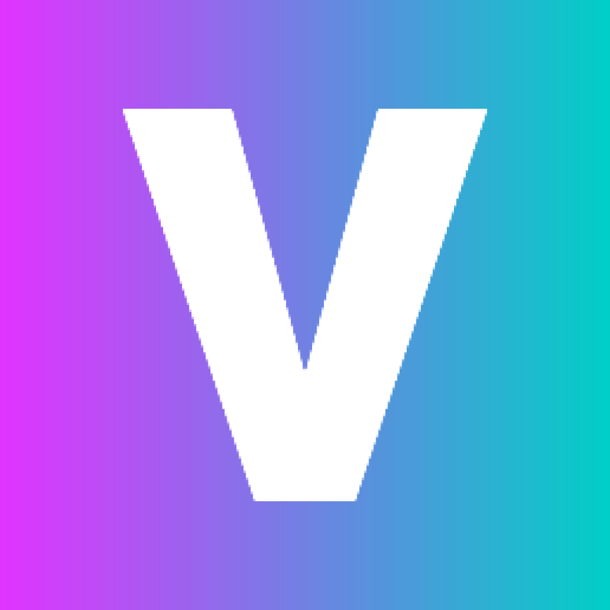 Weißer Großbuchstabe „V" auf quadratischem Hintergrund mit Farbverlauf von Pink/Lila zu Türkis.