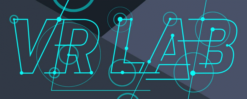 Türkisfarbener Schriftzug „VR LAB" mit geometrischen Linien und Punkten auf dunkelgrauem Hintergrund.