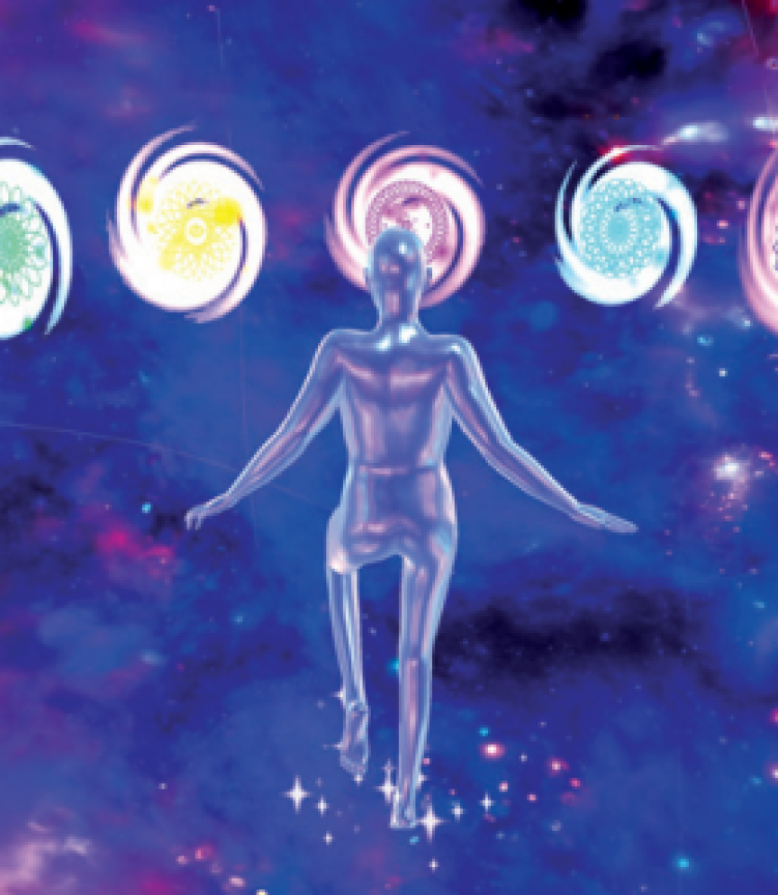 Lila Avatar, der auf bunte Kreise im Universum zuläuft