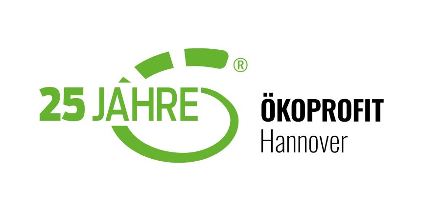 Logo „25 Jahre Ökoprofit Hannover" mit grünem Kreis-Symbol und grüner sowie schwarzer Schrift auf weißem Hintergrund.