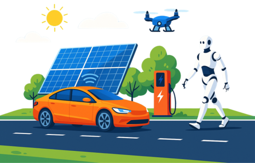E-Auto, Roboter, Straße, ladesäule, Drohne