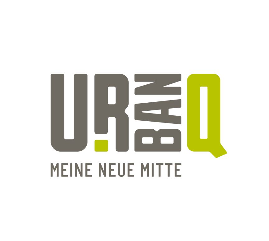 Logo „Urban Q" in Grau und Grün mit dem deutschen Slogan „Meine neue Mitte" auf weißem Hintergrund.