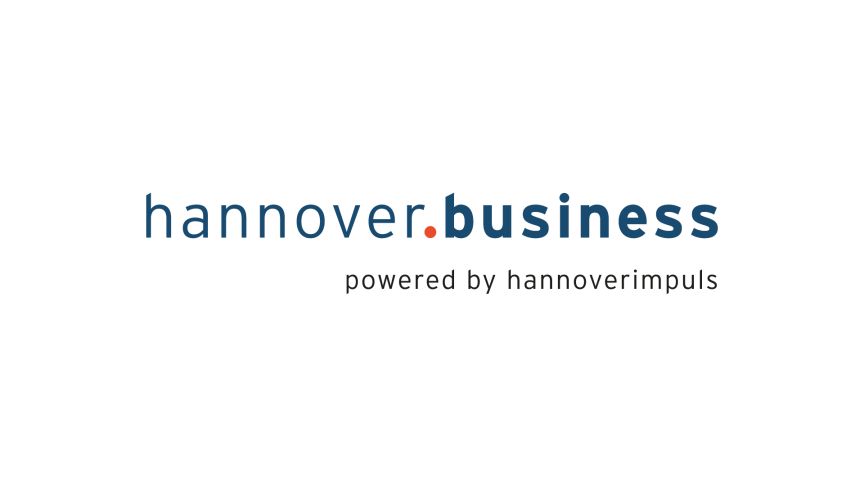 Logo „hannover.business", powered by hannoverimpuls. Schriftzug in Dunkelblau, Punkt in Rot-Orange, weißer Hintergrund.