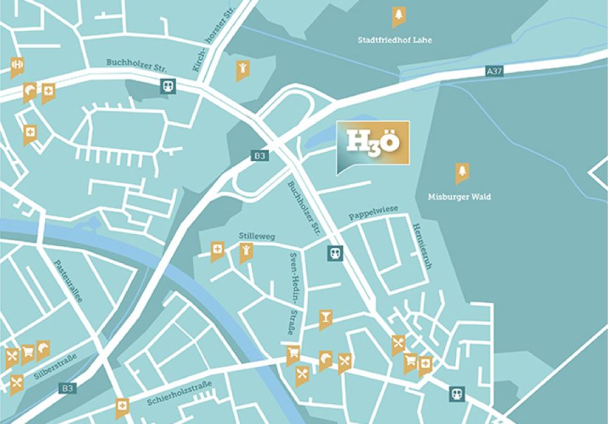Stilisierte Stadtkarte mit Straßen, POI-Icons und goldener Markierung „H3Ö" nahe Buchholzer Straße, Hannover.
