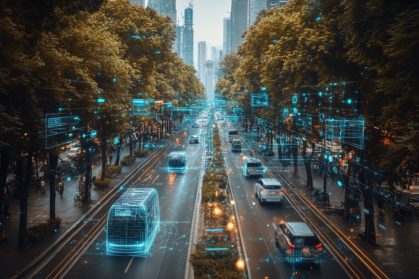 Stadtstraße mit Autos und digitalen Hologramm-Overlays auf Fahrzeugen, flankiert von Bäumen und Hochhäusern im Hintergrund.
