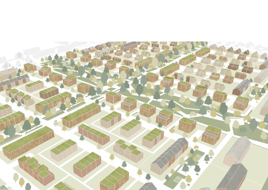 Isometrische Illustration eines Stadtviertels mit Wohnblöcken, Grünflächen und Bäumen in erdigen Farbtönen.