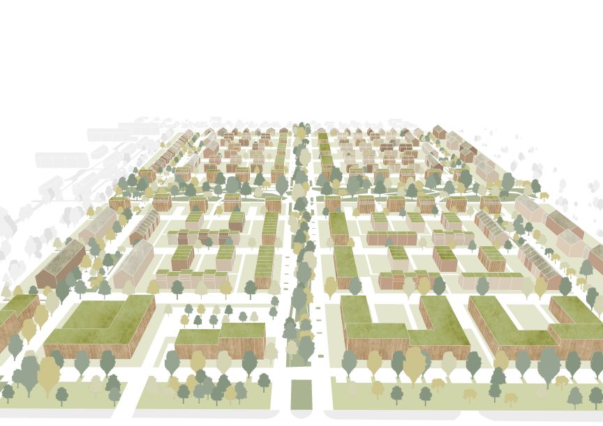 Architektonische Vogelperspektive einer Stadtplanung mit Wohnblöcken, Grünflächen und baumgesäumten Straßen in Pastellfarben.