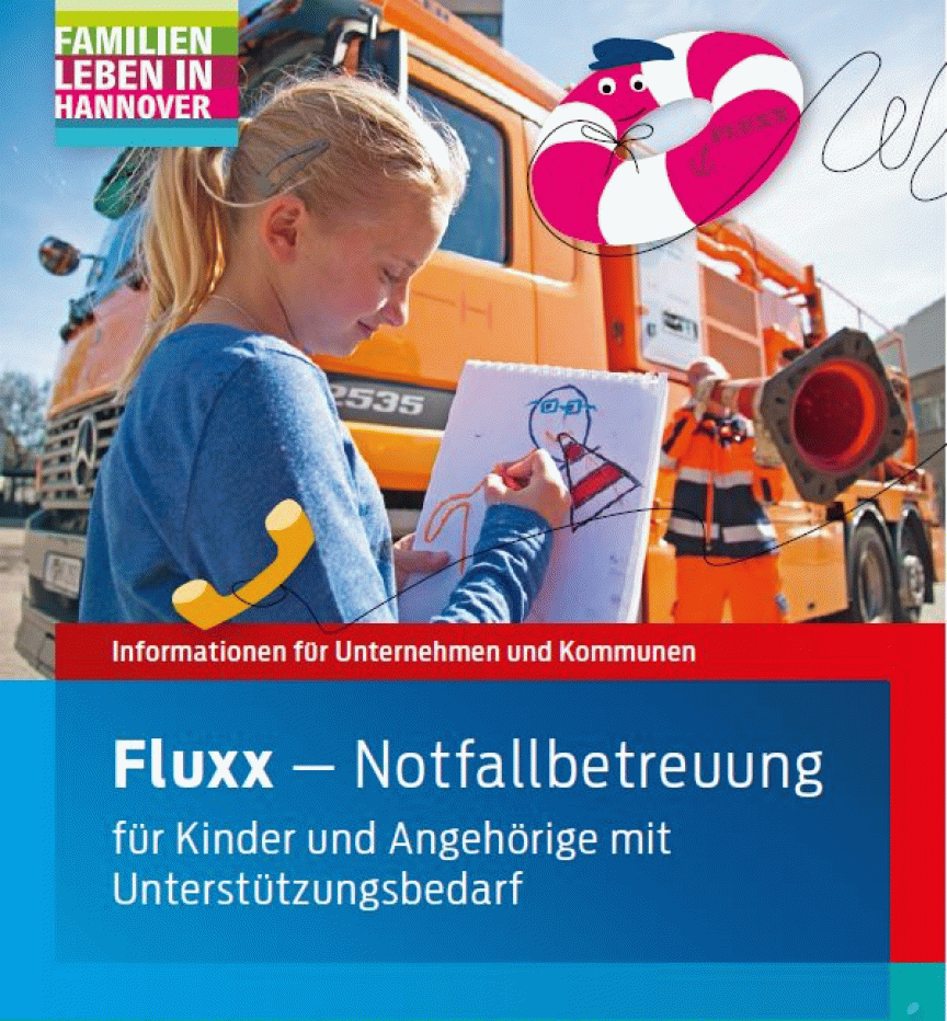 Mädchen zeichnet vor orangem LKW. Text: „Fluxx – Notfallbetreuung für Kinder und Angehörige mit Unterstützungsbedarf".